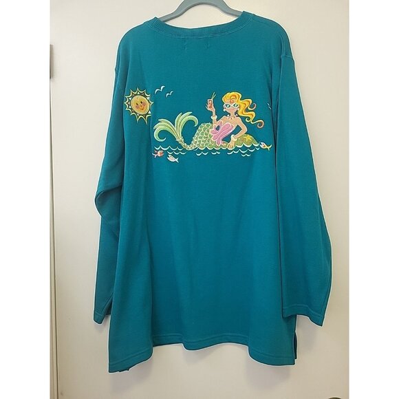 Bob Mackie Sweatshirt Top Crew Neck Embroidered Mermaid Parasol Teal 2X NWT - Picture 5 of 9
